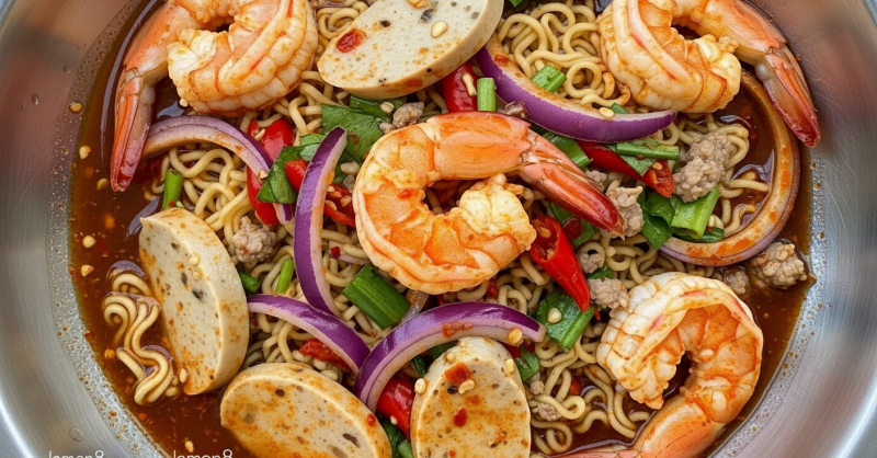 Thai Instant Noodle Salad with Minced Pork, Shrimp & Thai Sausage Recipe (Yum Mama – ยำมาม่า)