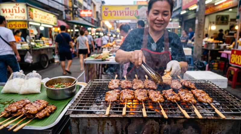 泰國街頭美食 50 泰銖以下：15 種便宜又好吃的必吃美食（2026 旅遊指南）| 烤豬肉串、青木瓜沙拉、泰式煎蛋飯、泰式炸雞、東北香腸、新鮮水果切盤
