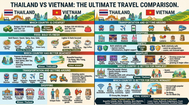 泰國 vs 越南：2026 年第一次前往東南亞旅行該選哪一個？ 美食、旅遊預算、海灘、安全性、購物、夜生活、交通便利性以及整體旅遊體驗